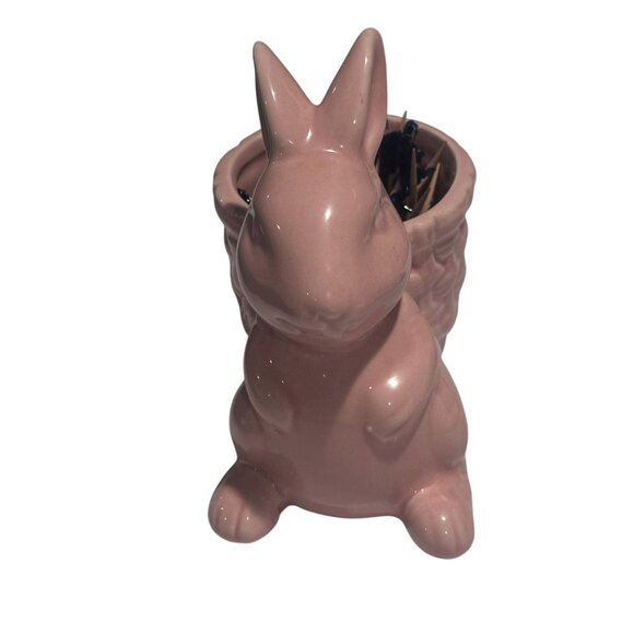 Pink Rabbit Egg Basket Tooth Pick Holder Pin Cushion CeramicFigurine Easter 5” - Picture 2 of 6